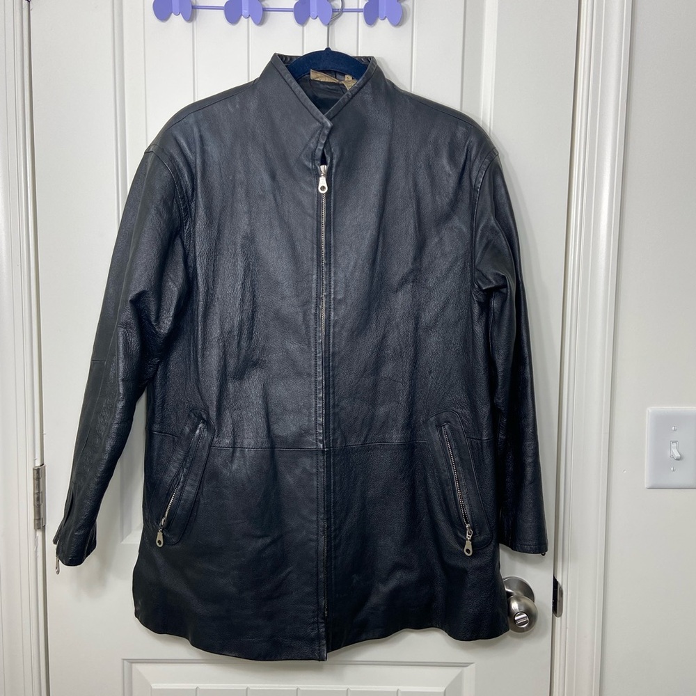 Vintage Newport News men’s black genuine leather collar zip pocket jacket coat S
